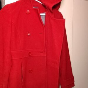 Kenneth Cole Red Hooded Double-Breasted Peacoat